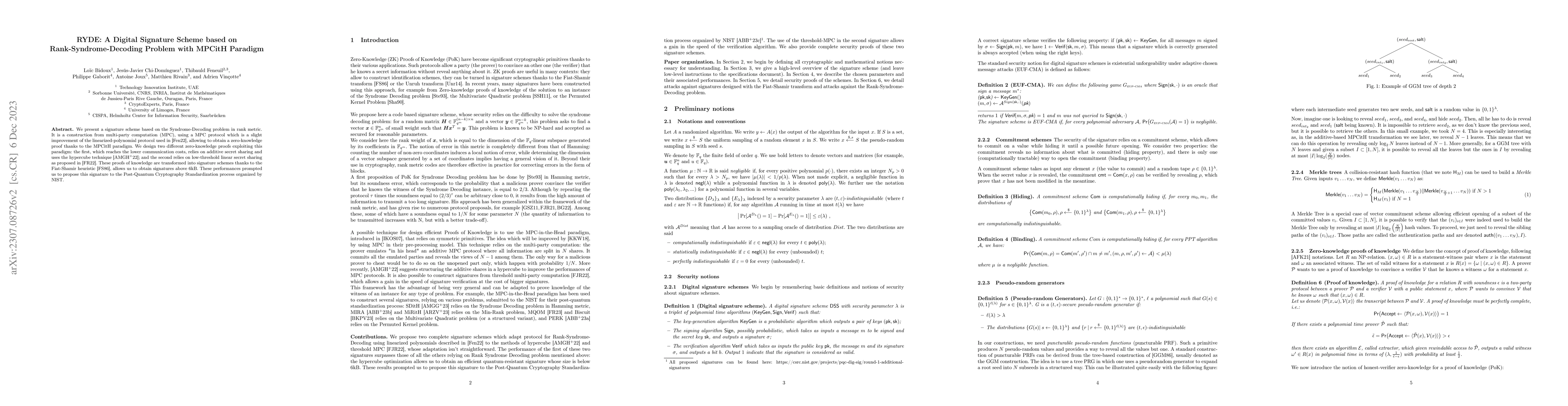 Thumbnail for RYDE: A Digital Signature Scheme based on Rank-Syndrome-Decoding Problem
  with MPCitH Paradigm