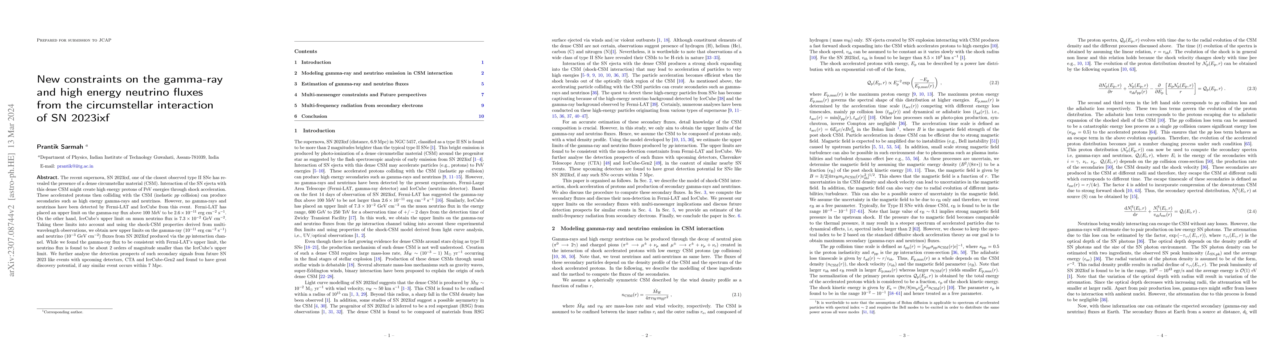 Thumbnail for New constraints on the gamma-ray and high energy neutrino fluxes from
  the circumstellar interaction of SN 2023ixf
