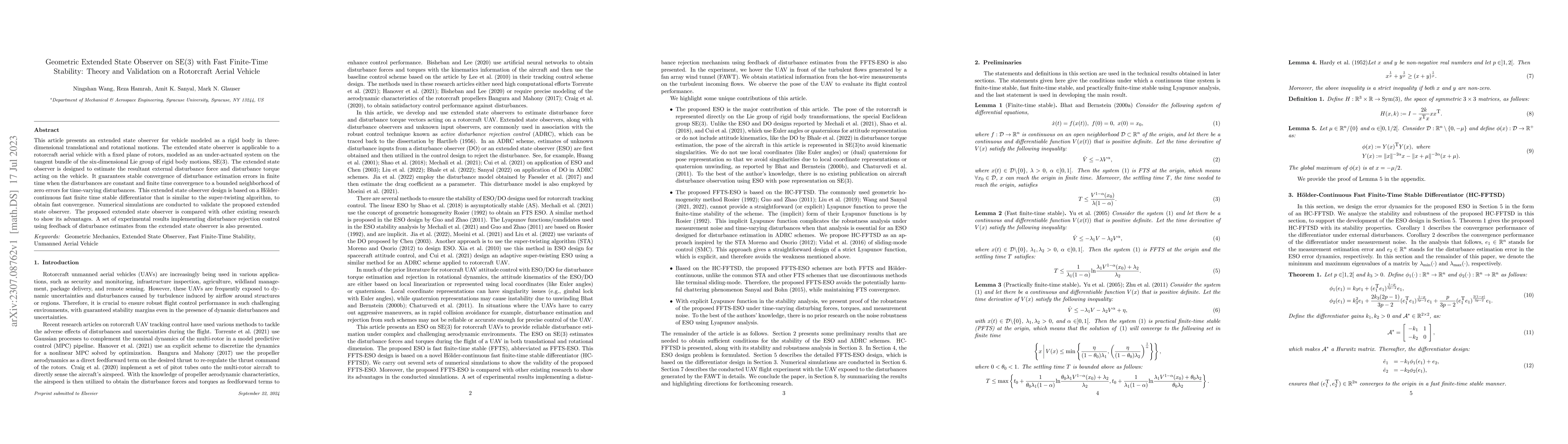 Thumbnail for Geometric Extended State Observer on SE(3) with Fast Finite-Time
  Stability: Theory and Validation on a Rotorcraft Aerial Vehicle