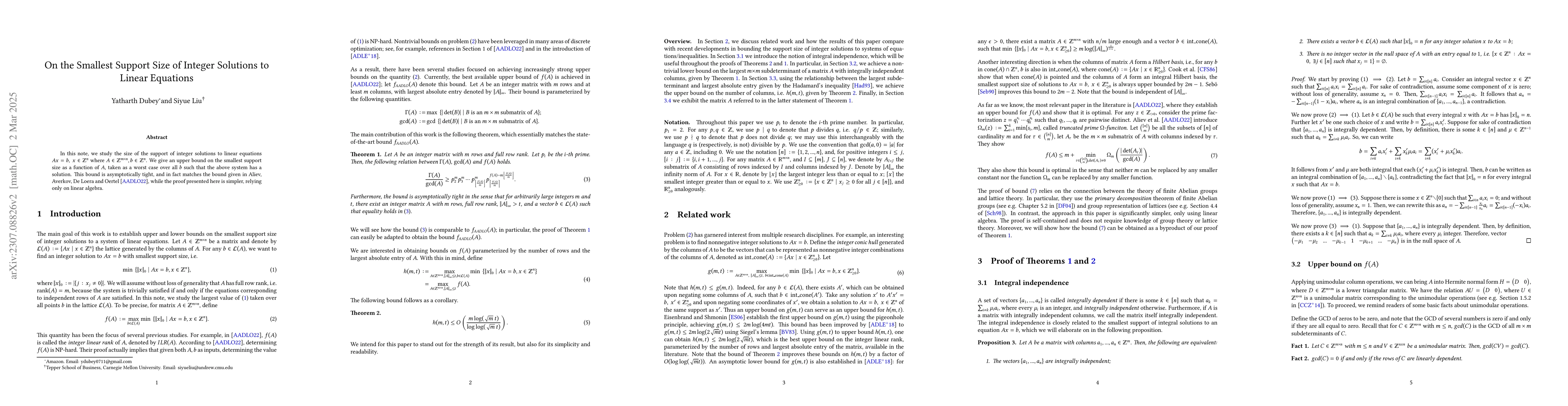 Thumbnail for A Short Proof of Tight Bounds on the Smallest Support Size of Integer
  Solutions to Linear Equations
