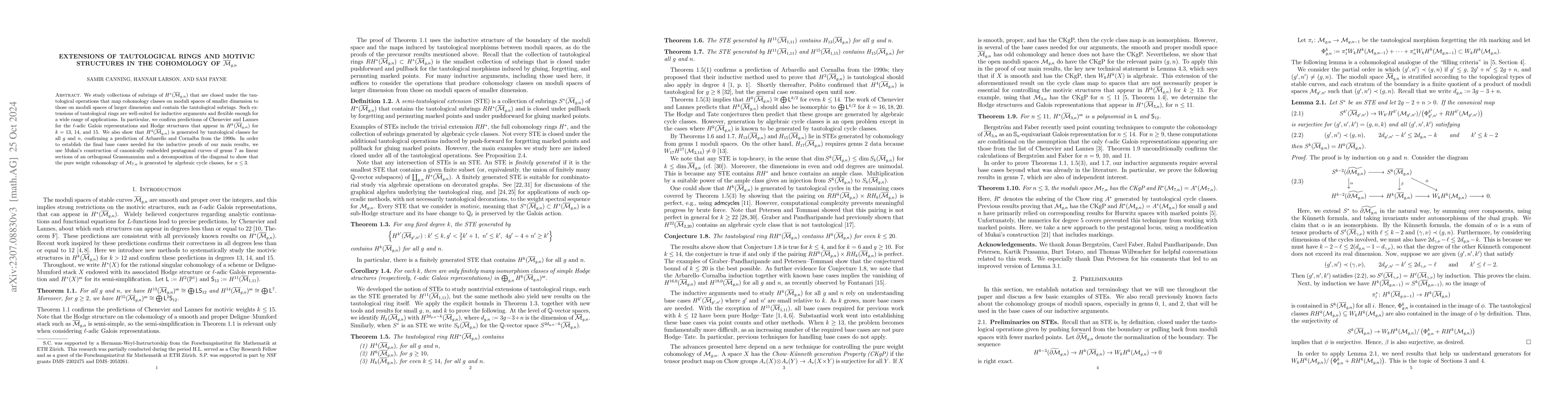 Thumbnail for Extensions of tautological rings and motivic structures in the
  cohomology of $\overline{\mathcal{M}}_{g,n}$