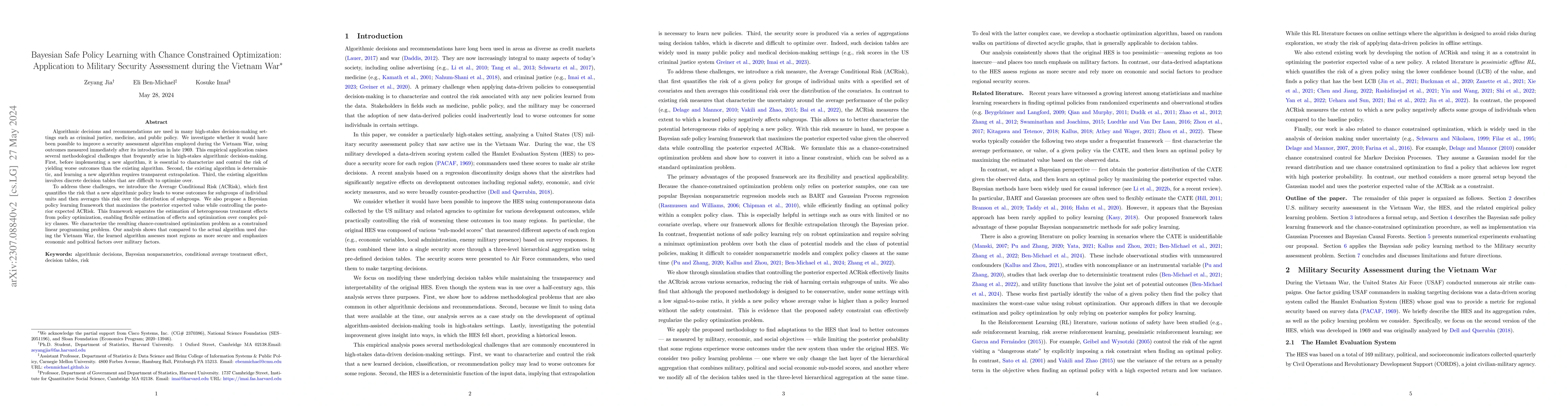 Thumbnail for Bayesian Safe Policy Learning with Chance Constrained Optimization:
  Application to Military Security Assessment during the Vietnam War