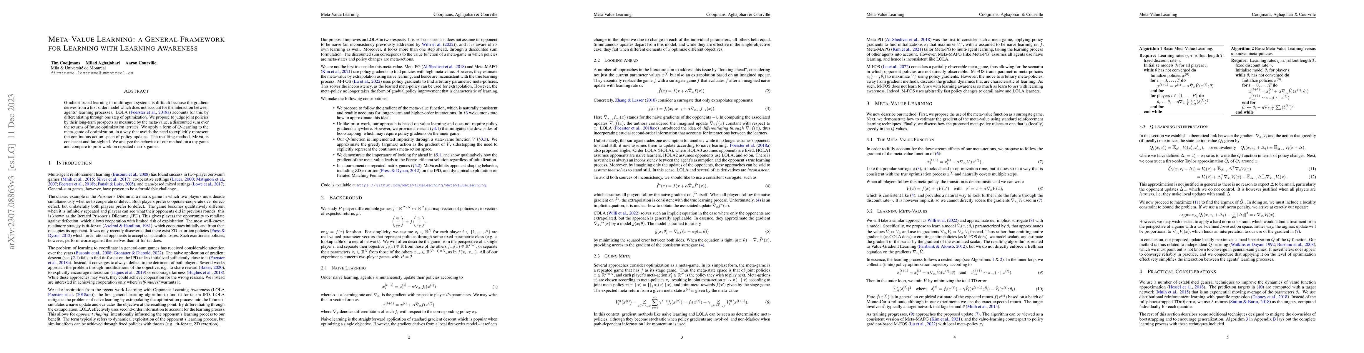 Thumbnail for Meta-Value Learning: a General Framework for Learning with Learning
  Awareness