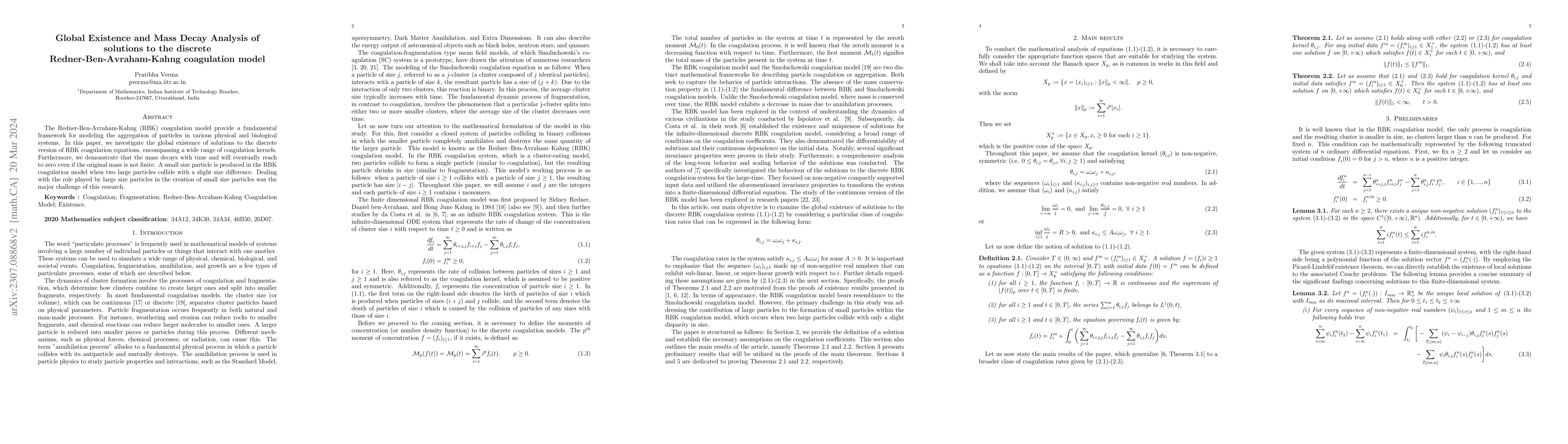 Thumbnail for Global Existence and Mass Decay Analysis of solutions to the discrete
  Redner-Ben-Avraham-Kahng coagulation model