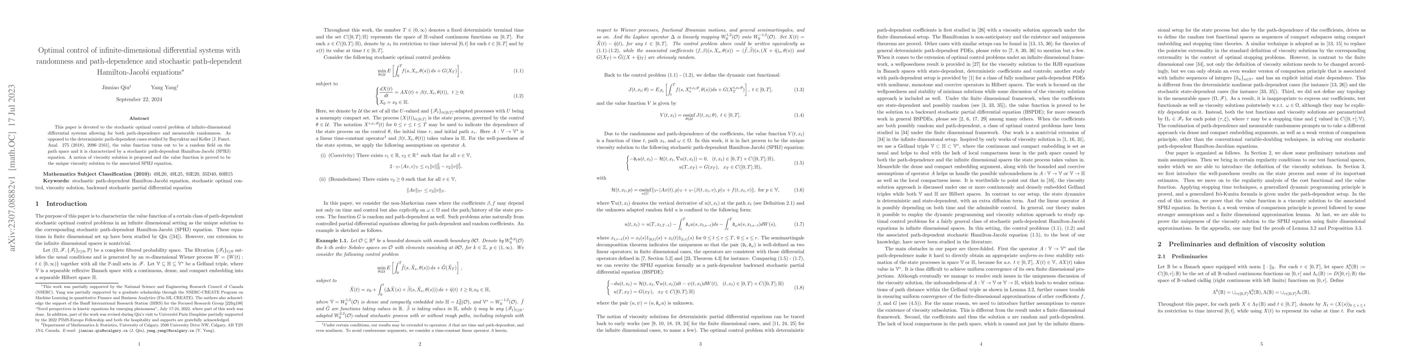 Thumbnail for Optimal control of infinite-dimensional differential systems with
  randomness and path-dependence and stochastic path-dependent Hamilton-Jacobi
  equations