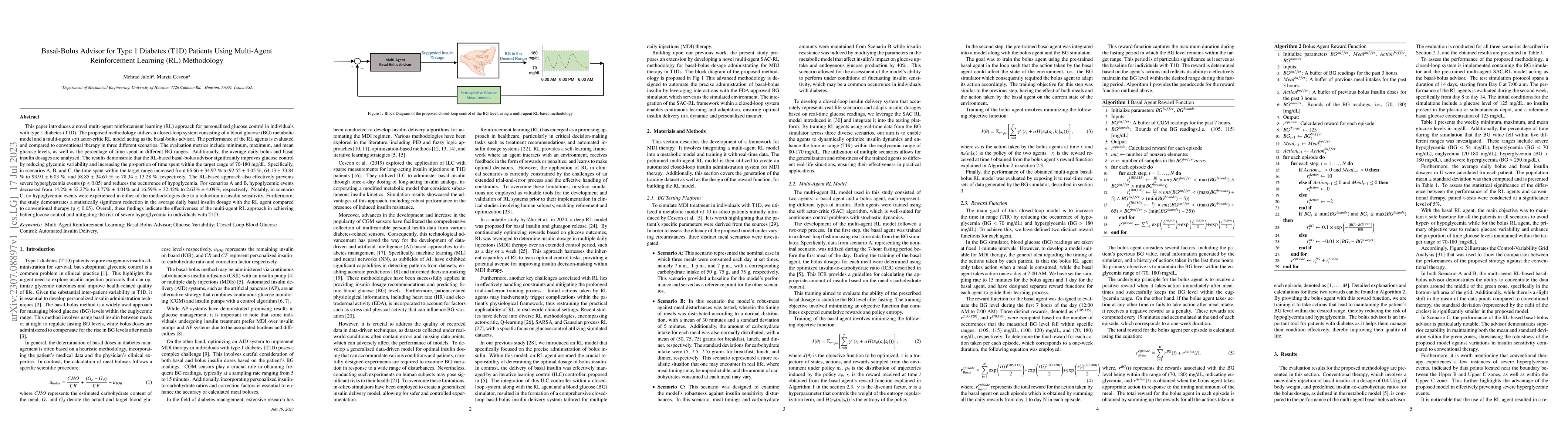 Thumbnail for Basal-Bolus Advisor for Type 1 Diabetes (T1D) Patients Using Multi-Agent
  Reinforcement Learning (RL) Methodology