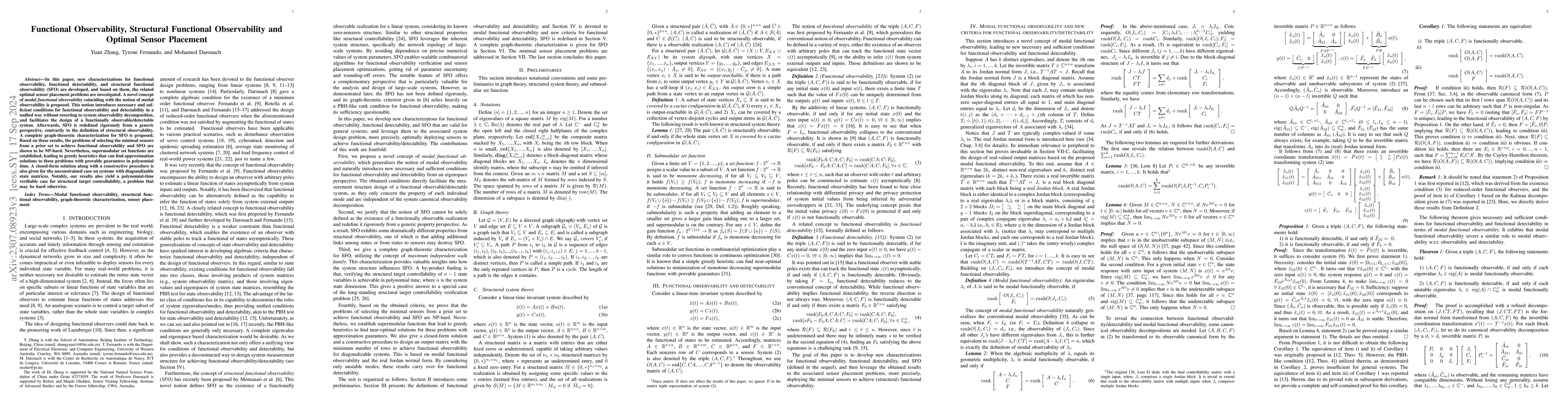 Thumbnail for Functional Observability, Structural Functional Observability and
  Optimal Sensor Placement