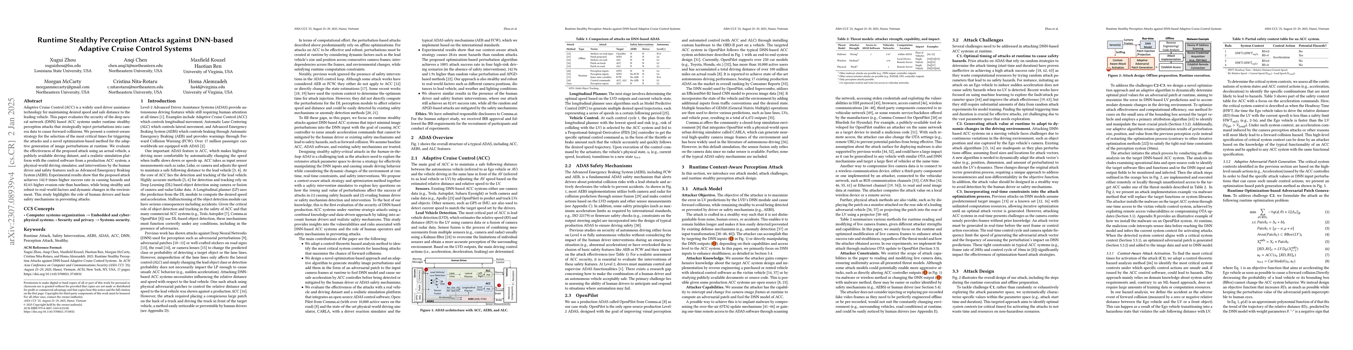 Thumbnail for Runtime Stealthy Perception Attacks against DNN-based Adaptive Cruise
  Control Systems