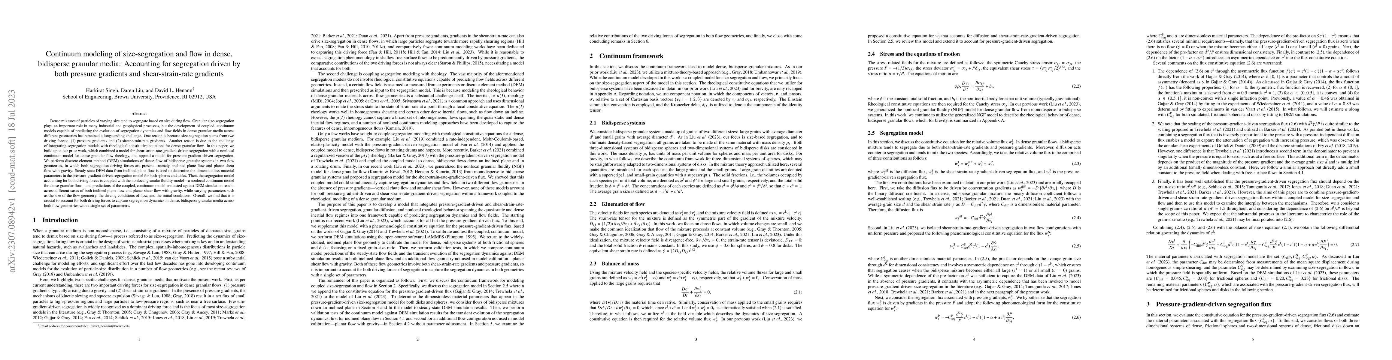 Thumbnail for Continuum modeling of size-segregation and flow in dense, bidisperse
  granular media: Accounting for segregation driven by both pressure gradients
  and shear-strain-rate gradients