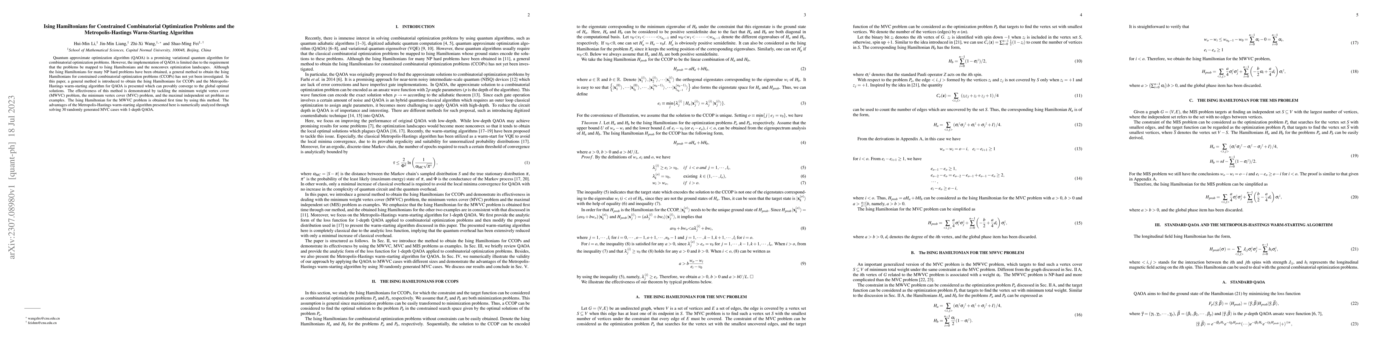 Thumbnail for Ising Hamiltonians for Constrained Combinatorial Optimization Problems
  and the Metropolis-Hastings Warm-Starting Algorithm