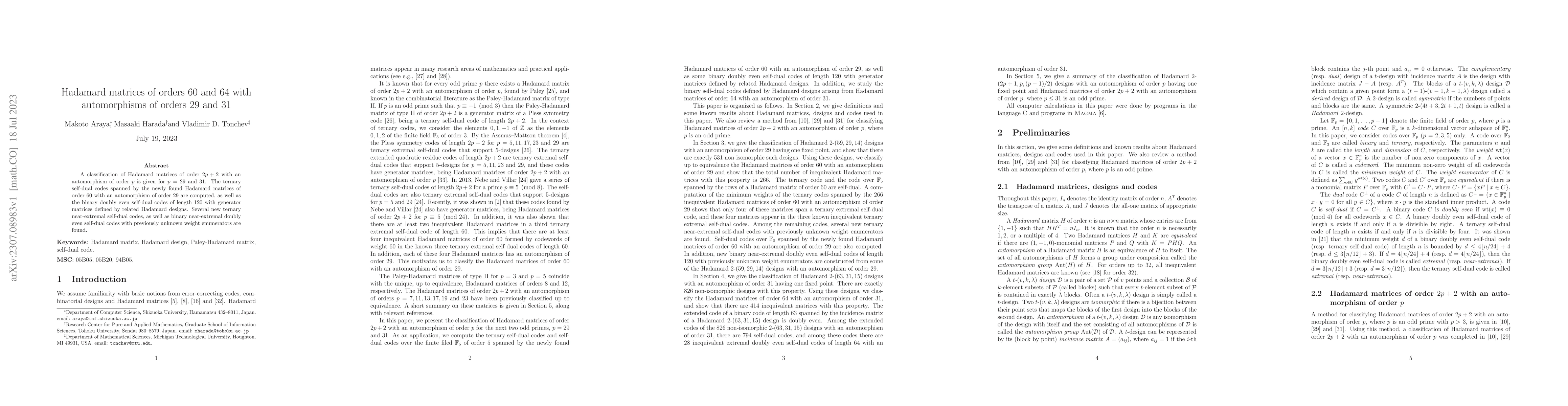 Thumbnail for Hadamard matrices of orders 60 and 64 with automorphisms of orders 29
  and 31