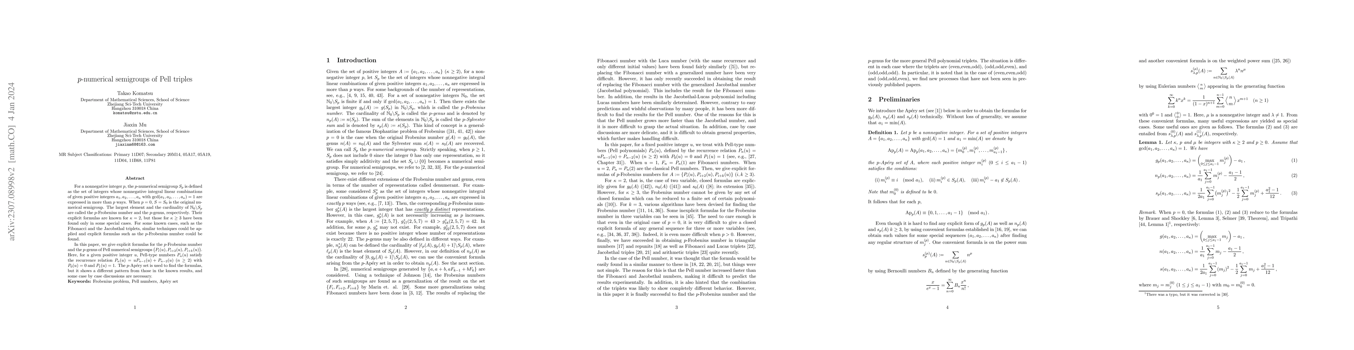 Thumbnail for $p$-numerical semigroups of Pell triples