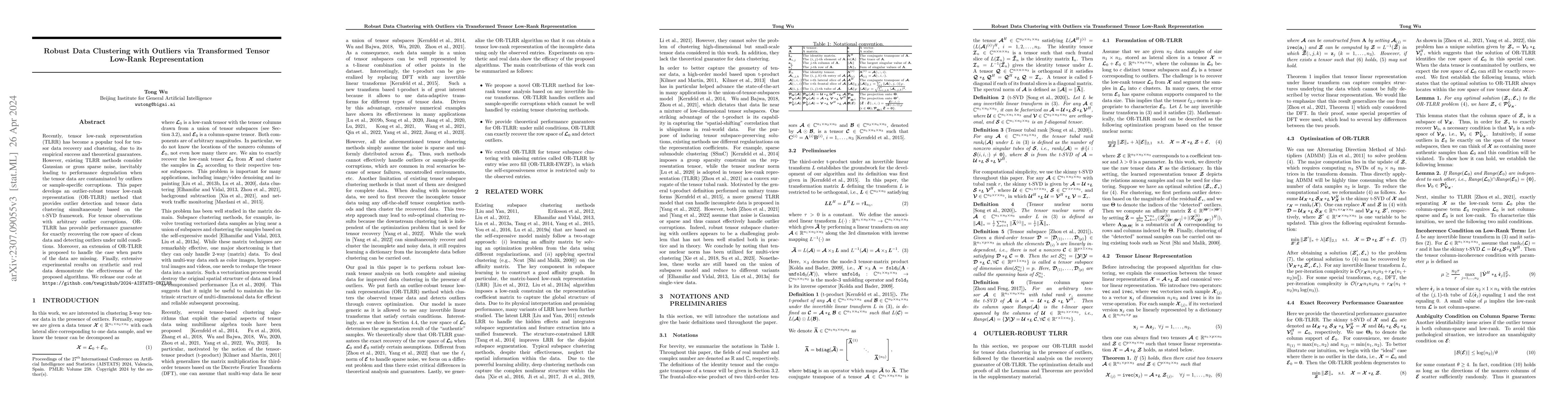 Thumbnail for Robust Data Clustering with Outliers via Transformed Tensor Low-Rank
  Representation