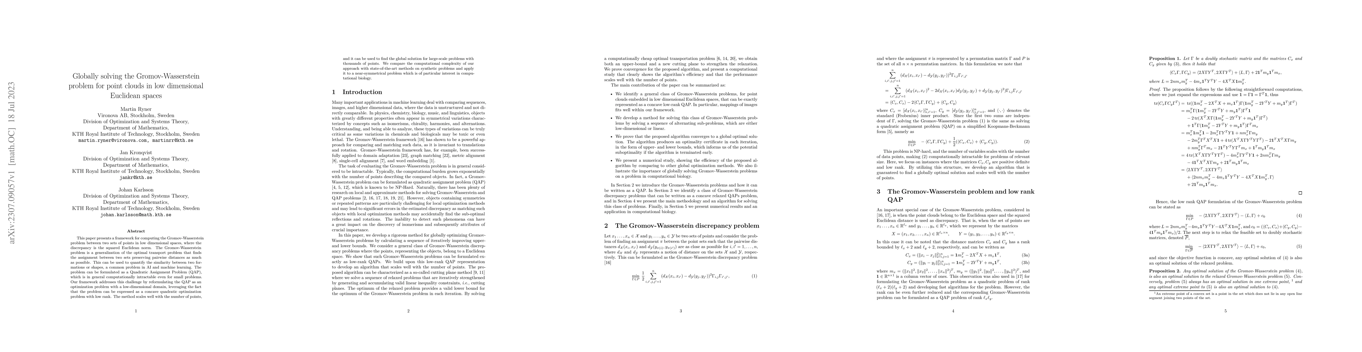 Thumbnail for Globally solving the Gromov-Wasserstein problem for point clouds in low
  dimensional Euclidean spaces