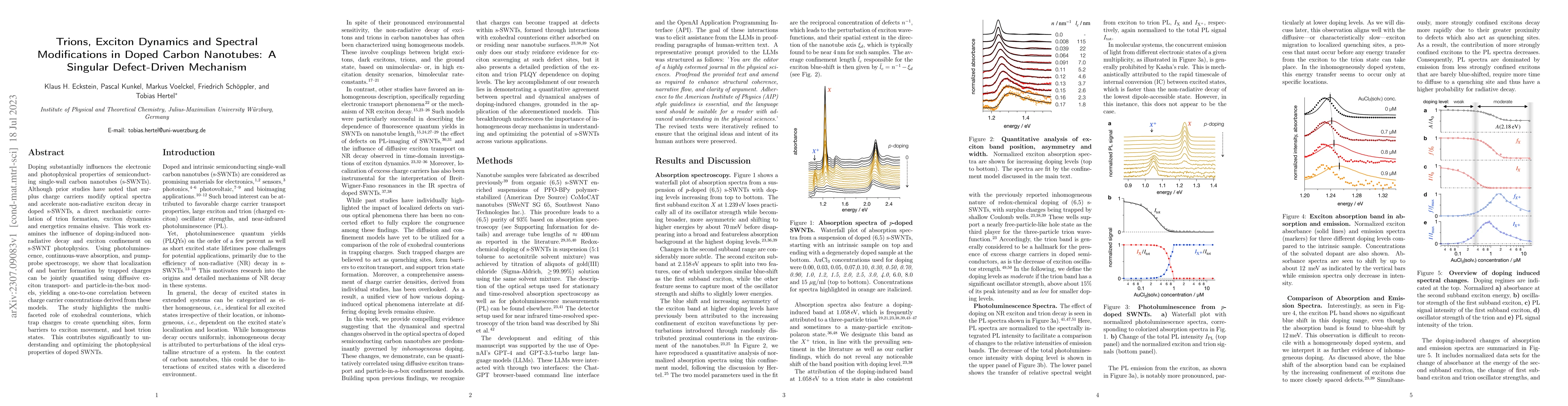 Thumbnail for Trions, Exciton Dynamics and Spectral Modifications in Doped Carbon
  Nanotubes: A Singular Defect-Driven Mechanism