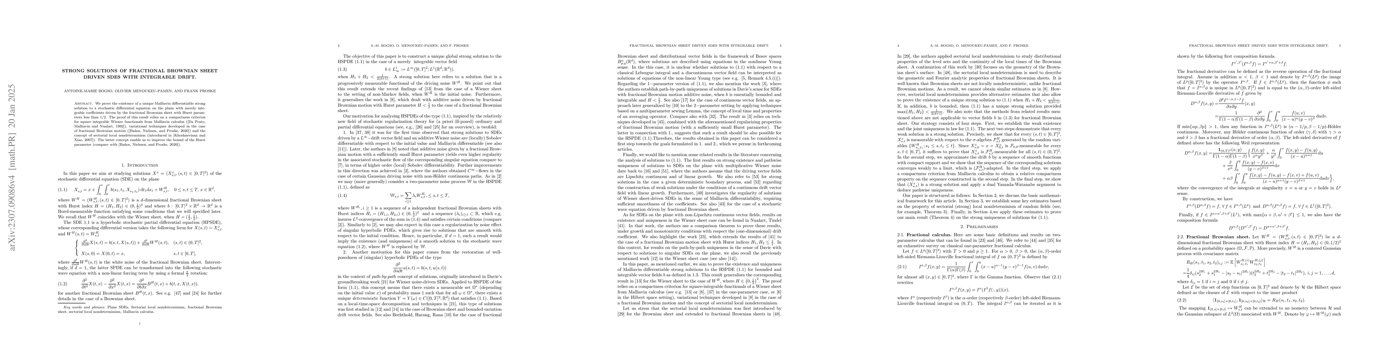 Thumbnail for Existence of strong solutions of fractional Brownian sheet driven SDEs
  with integrable drift