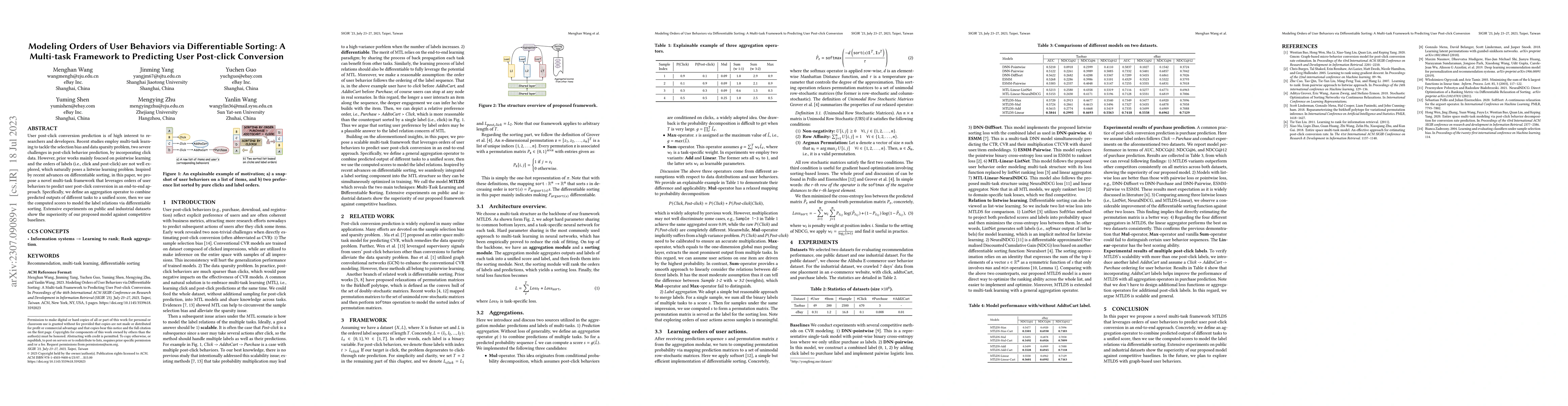 Thumbnail for Modeling Orders of User Behaviors via Differentiable Sorting: A
  Multi-task Framework to Predicting User Post-click Conversion