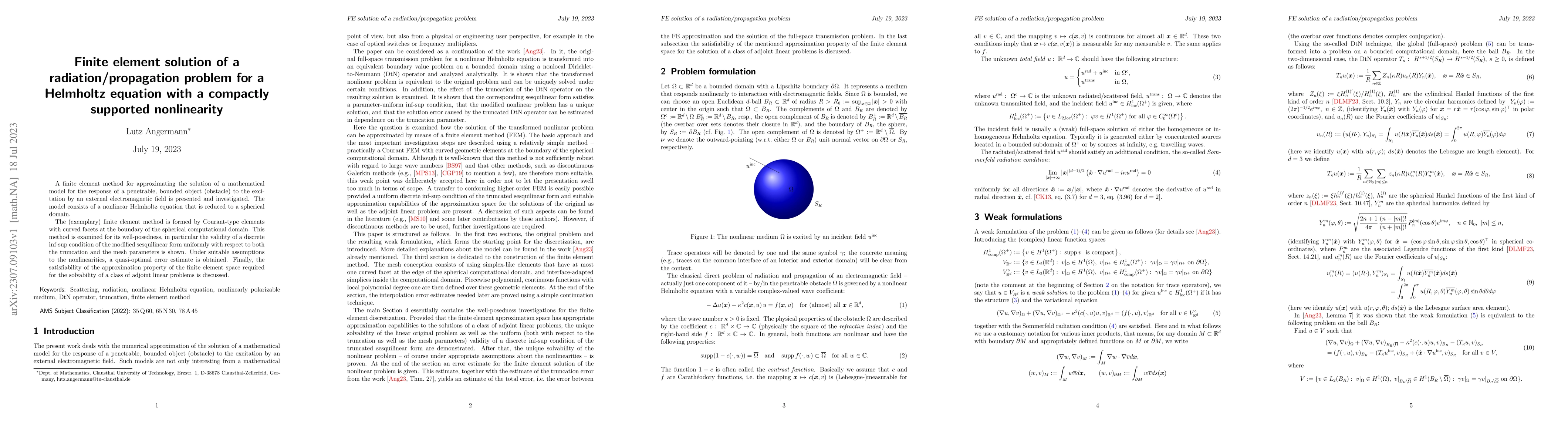 Thumbnail for Finite element solution of a radiation/propagation problem for a
  Helmholtz equation with a compactly supported nonlinearity