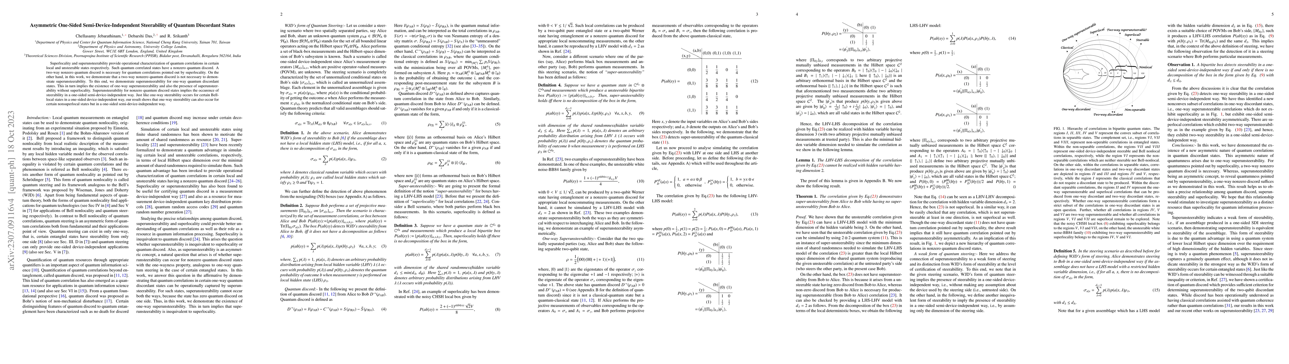 Thumbnail for Asymmetric One-Sided Semi-Device-Independent Steerability of Quantum
  Discordant States