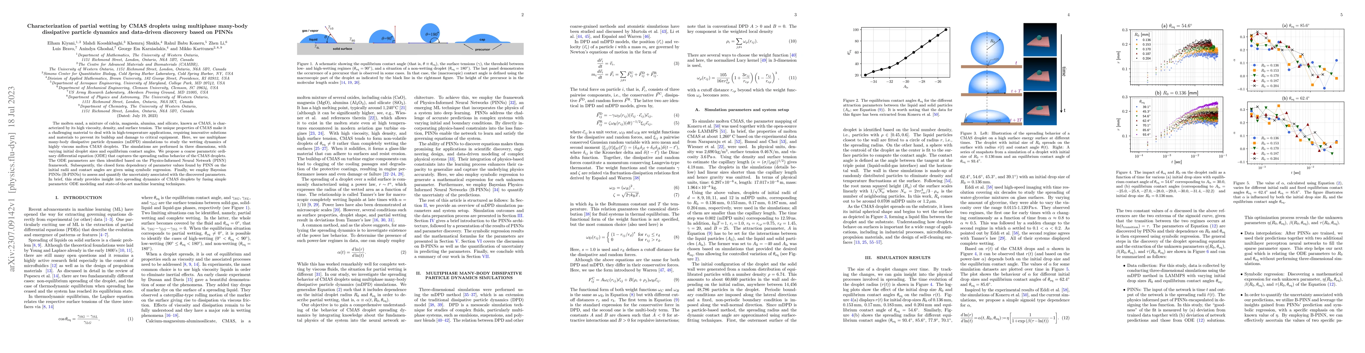 Thumbnail for Characterization of partial wetting by CMAS droplets using multiphase
  many-body dissipative particle dynamics and data-driven discovery based on
  PINNs