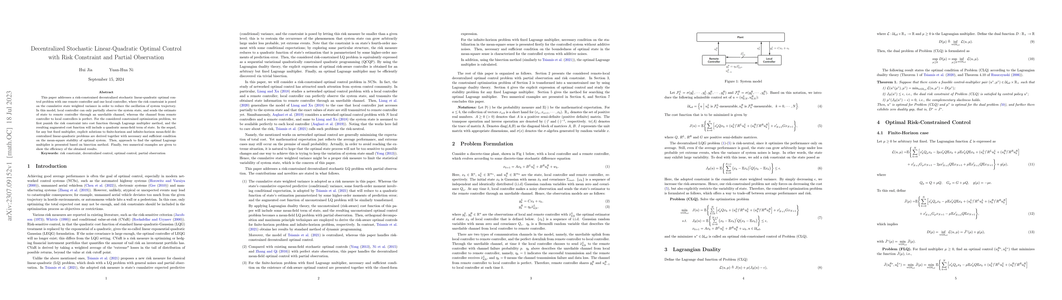Thumbnail for Decentralized Stochastic Linear-Quadratic Optimal Control with Risk
  Constraint and Partial Observation