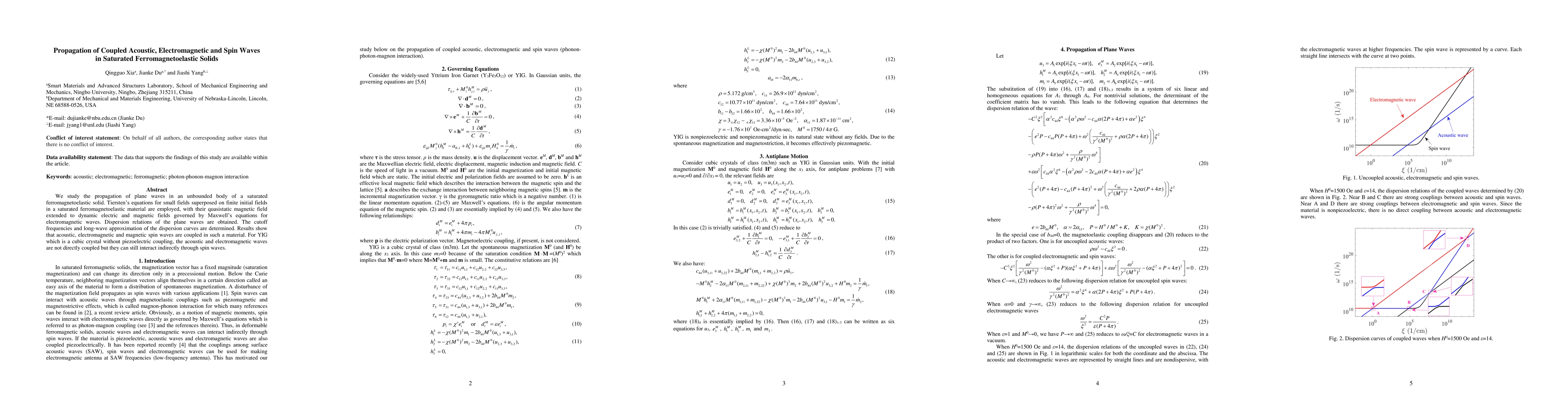 Thumbnail for Propagation of Coupled Acoustic, Electromagnetic and Spin Waves in
  Saturated Ferromagnetoelastic Solids