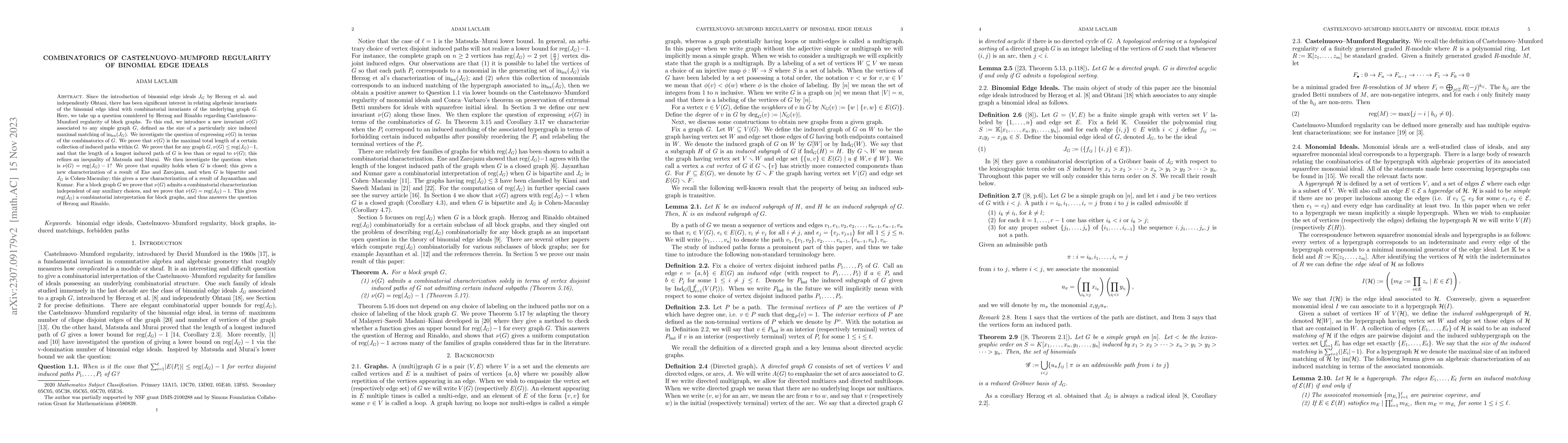 Thumbnail for Combinatorics of Castelnuovo-Mumford Regularity of Binomial Edge Ideals
