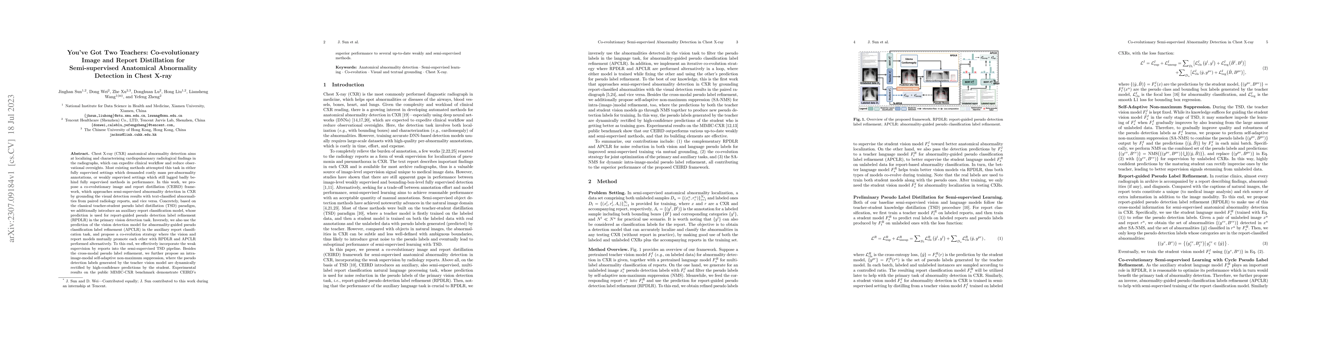 Thumbnail for You've Got Two Teachers: Co-evolutionary Image and Report Distillation
  for Semi-supervised Anatomical Abnormality Detection in Chest X-ray
