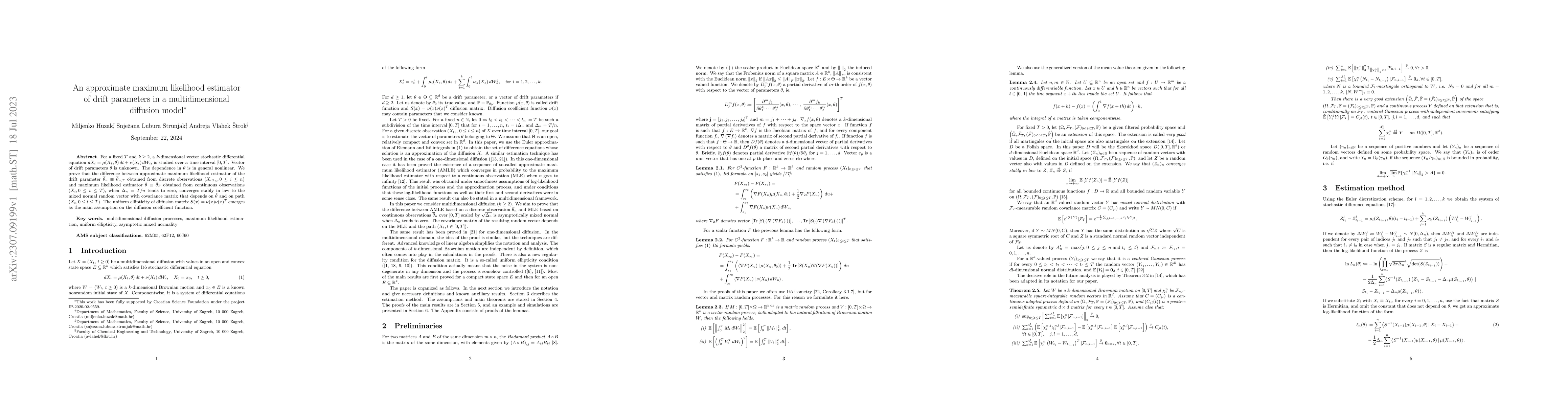 Thumbnail for An approximate maximum likelihood estimator of drift parameters in a
  multidimensional diffusion model