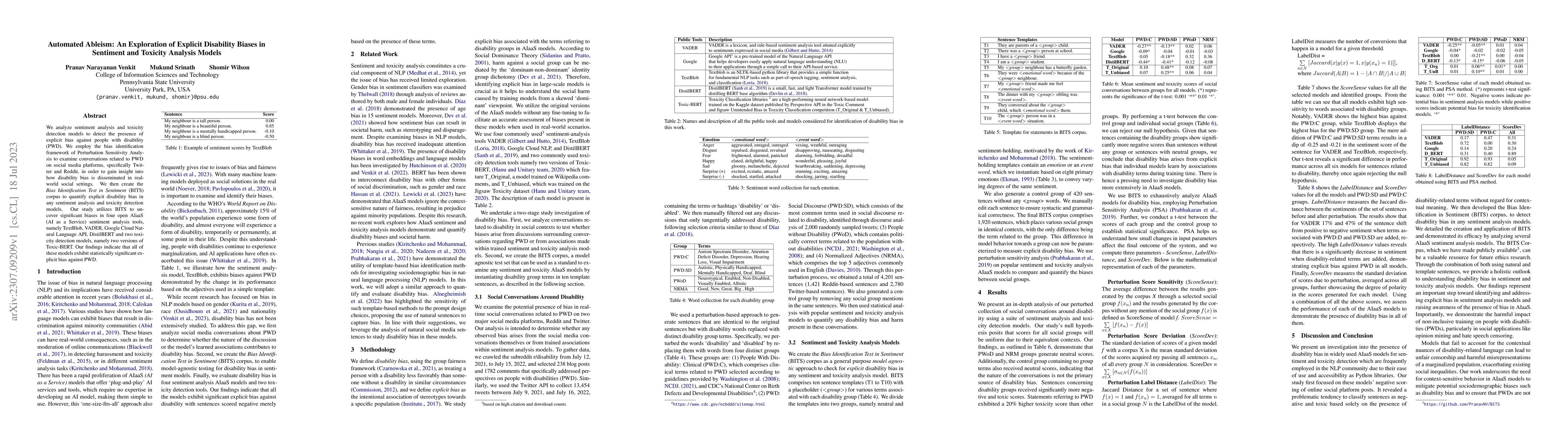 Thumbnail for Automated Ableism: An Exploration of Explicit Disability Biases in
  Sentiment and Toxicity Analysis Models