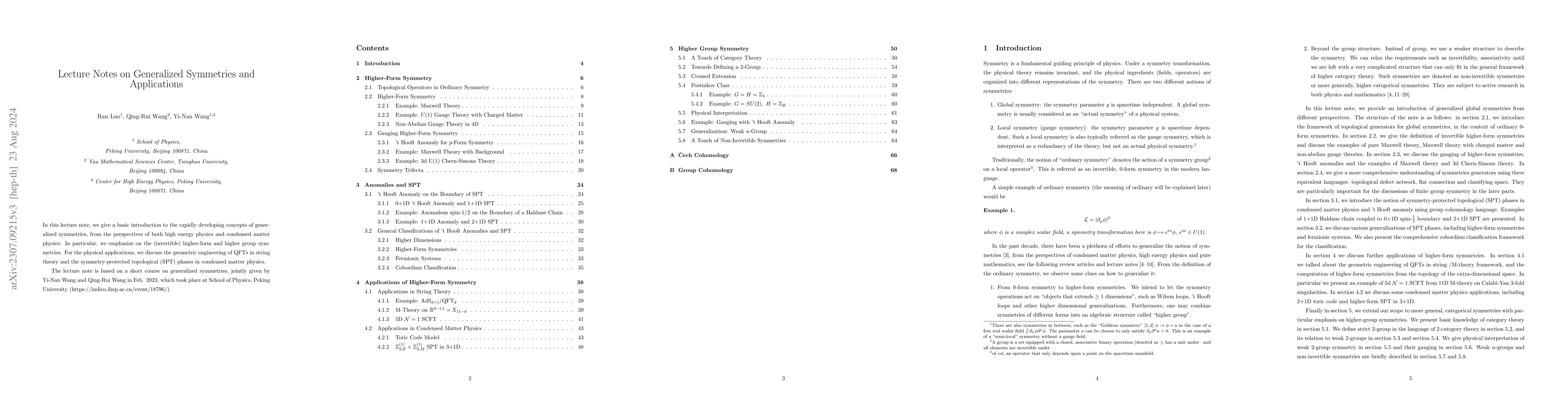 Thumbnail for Lecture Notes on Generalized Symmetries and Applications