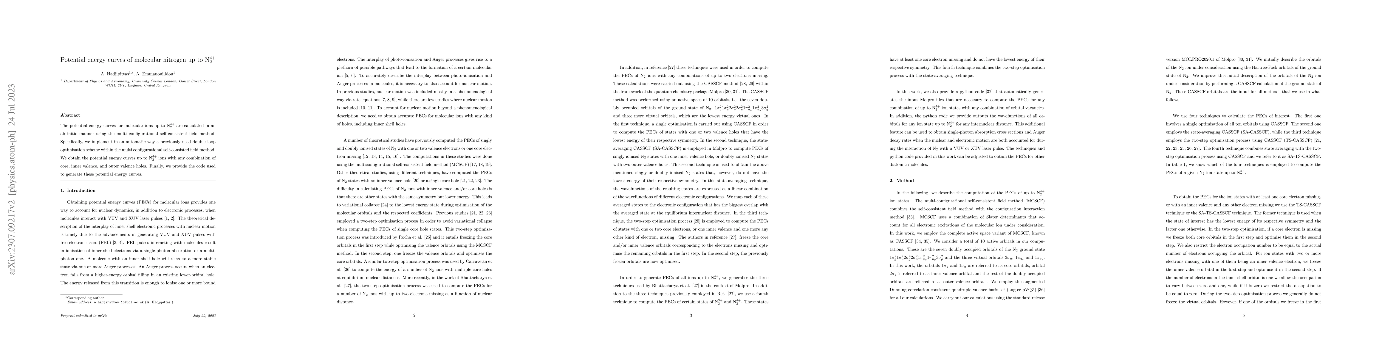Thumbnail for Potential energy curves of molecular nitrogen up to $N_2^{4+}$