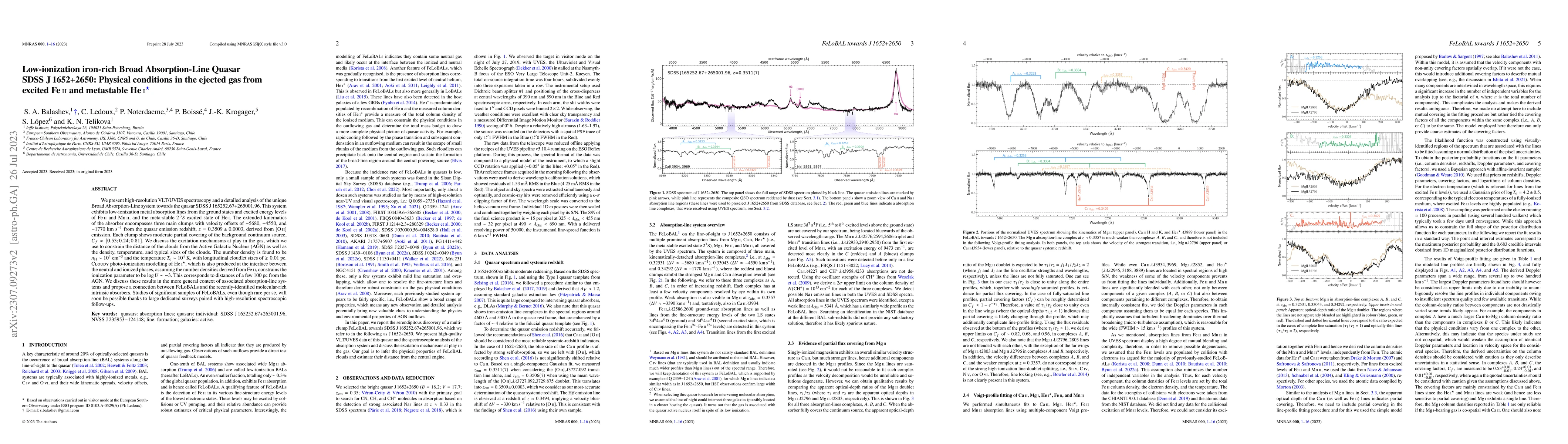 Thumbnail for Low-ionization iron-rich Broad Absorption-Line Quasar SDSS J1652+2650:
  Physical conditions in the ejected gas from excited FeII and metastable HeI