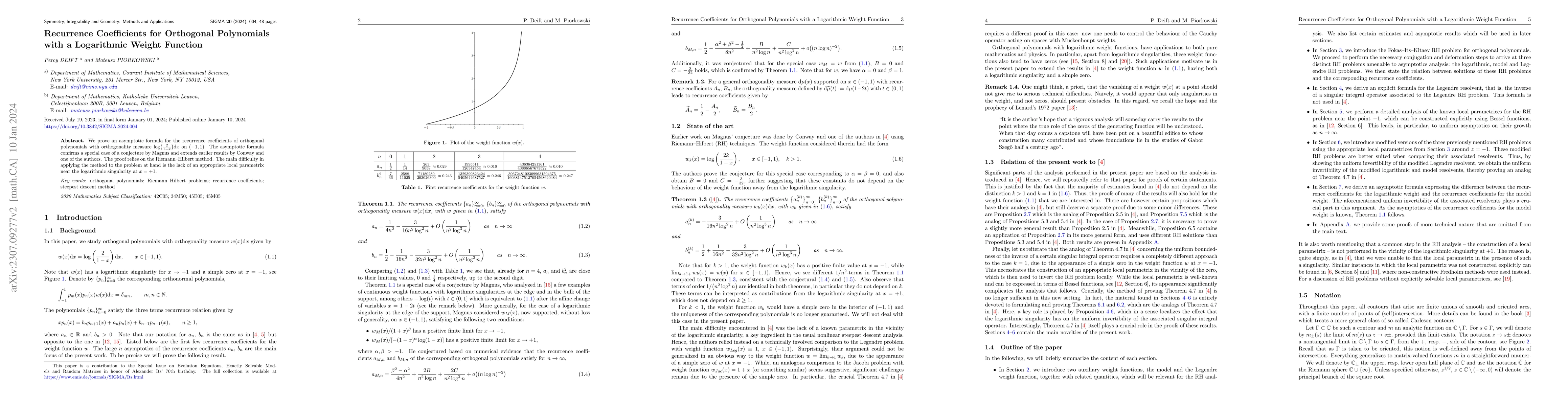 Thumbnail for Recurrence Coefficients for Orthogonal Polynomials with a Logarithmic
  Weight Function