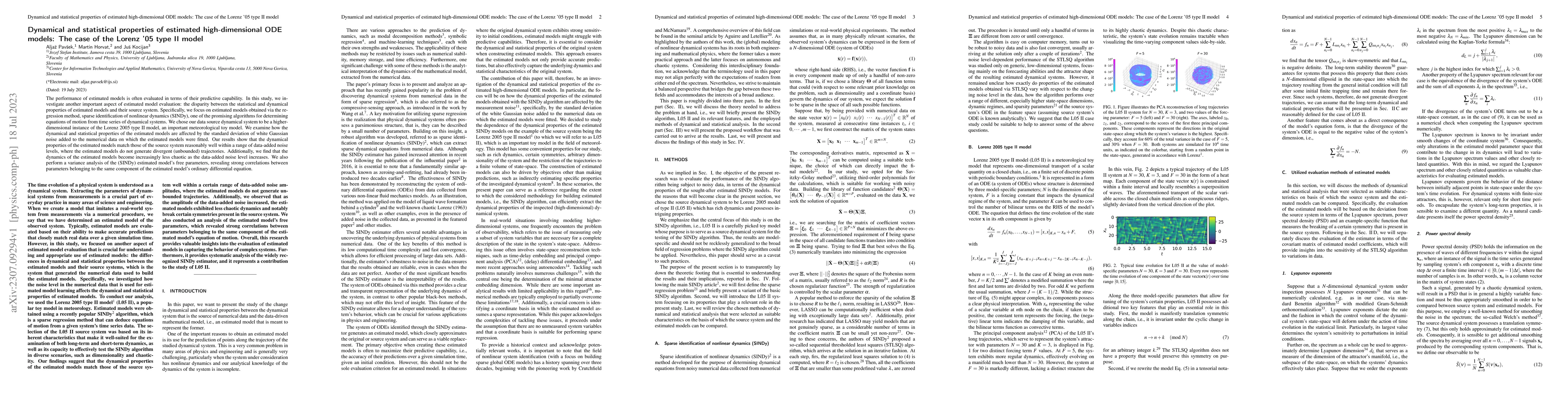 Thumbnail for Dynamical and statistical properties of estimated high-dimensional ODE
  models: The case of the Lorenz'05 type II model