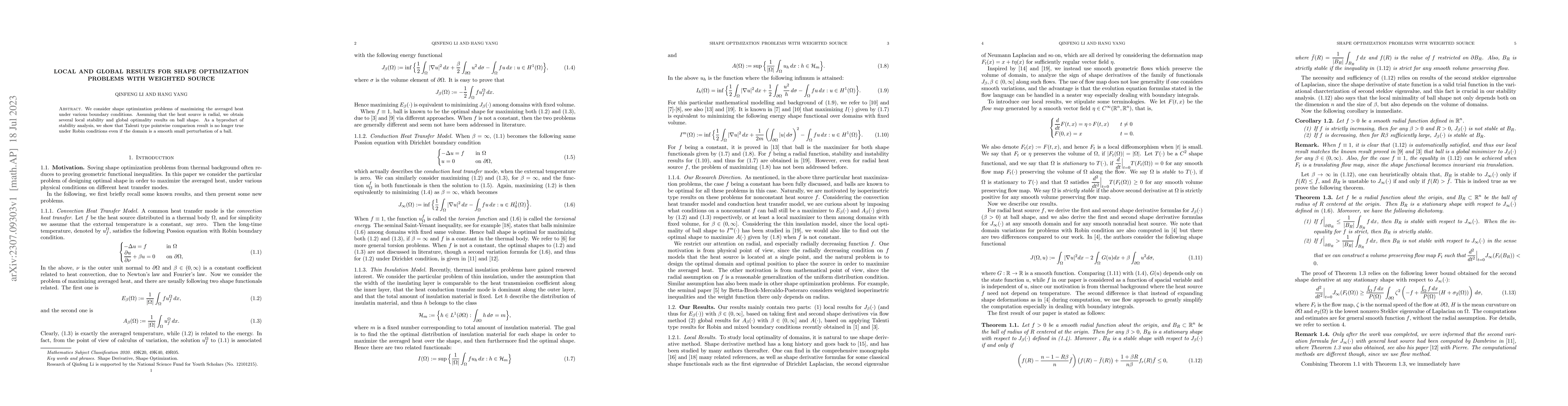 Thumbnail for Local and Global Results for Shape optimization problems with weighted
  source