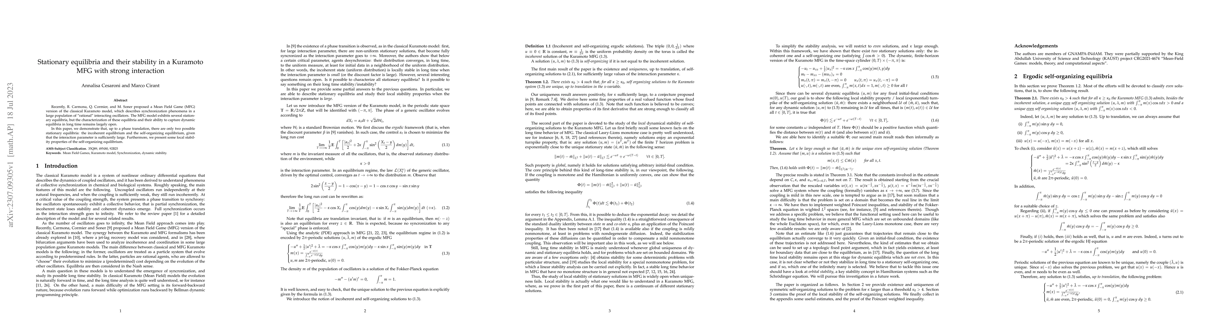 Thumbnail for Stationary equilibria and their stability in a Kuramoto MFG with strong
  interaction
