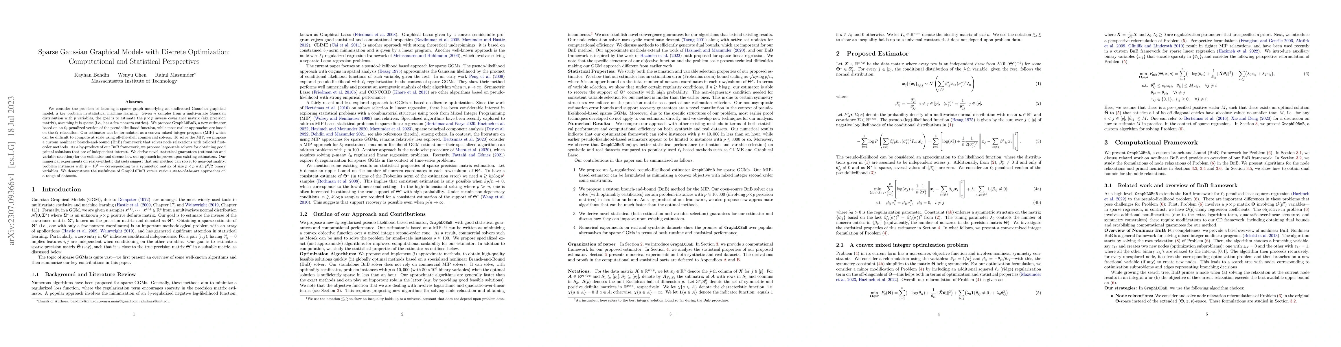 Thumbnail for Sparse Gaussian Graphical Models with Discrete Optimization:
  Computational and Statistical Perspectives
