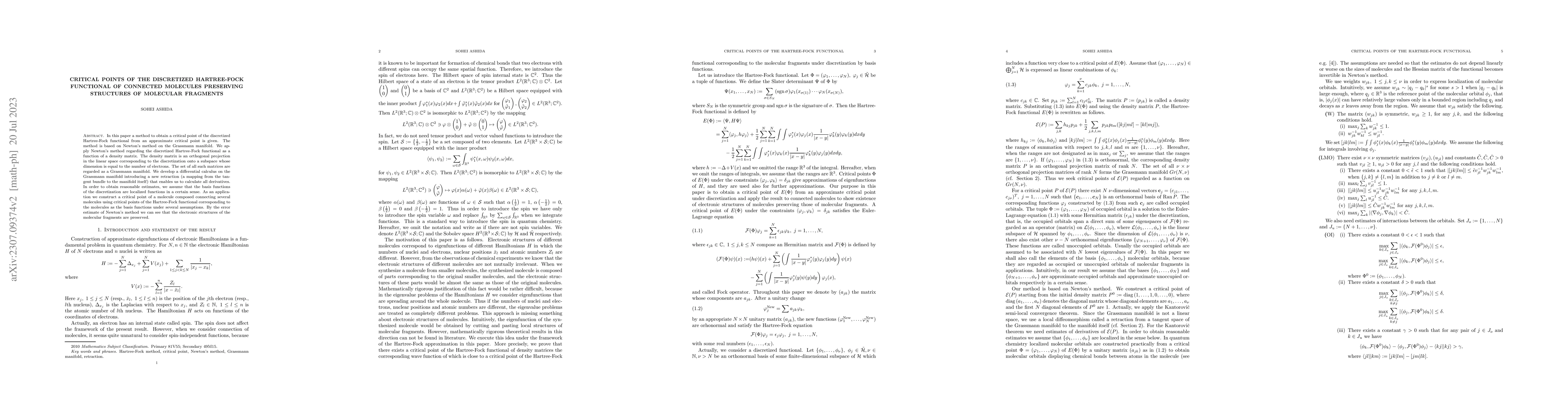 Thumbnail for Critical points of the discretized Hartree-Fock functional of connected
  molecules preserving structures of molecular fragments