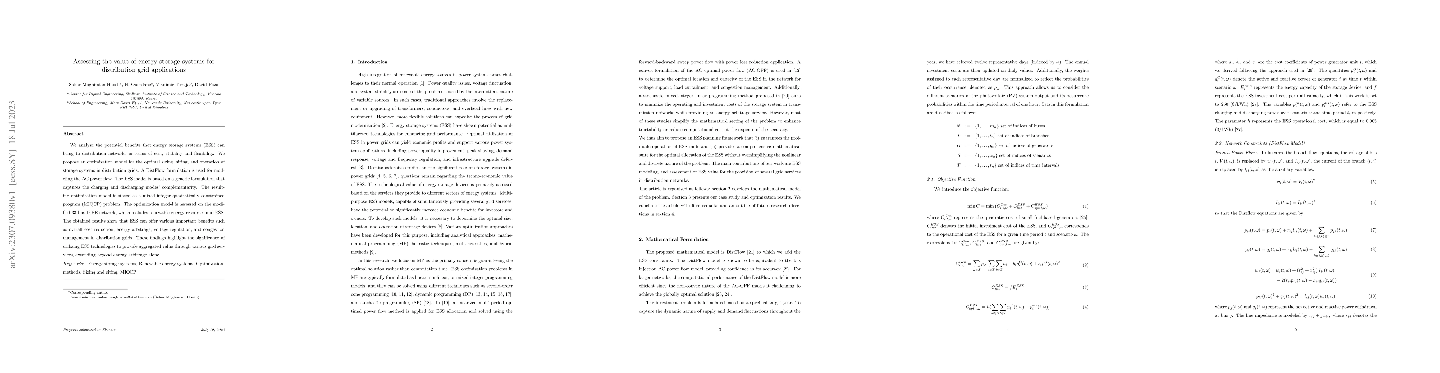 Thumbnail for Assessing the value of energy storage systems for distribution grid
  applications
