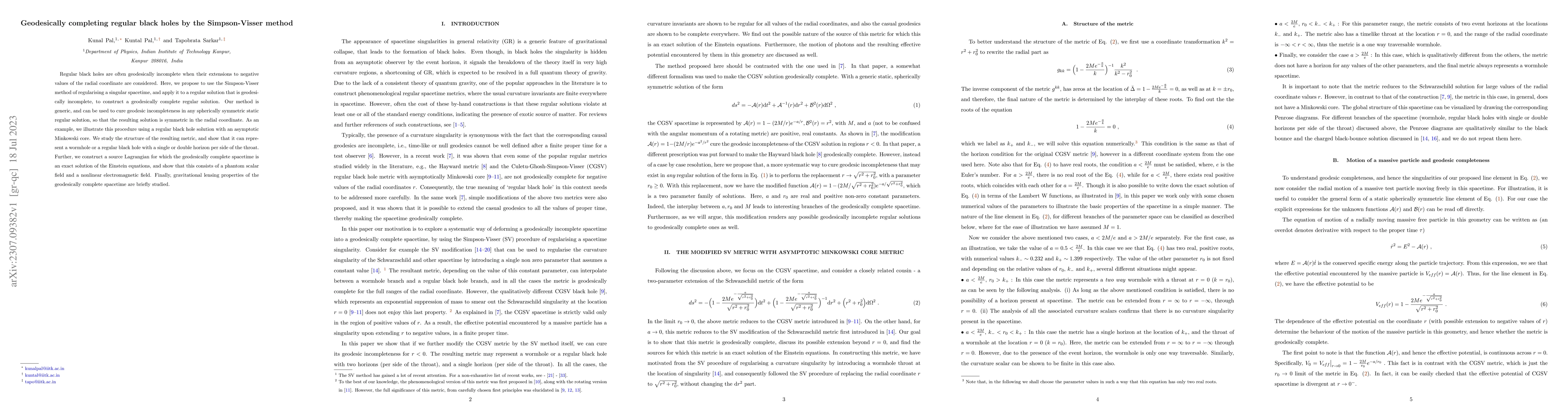 Thumbnail for Geodesically completing regular black holes by the Simpson-Visser method