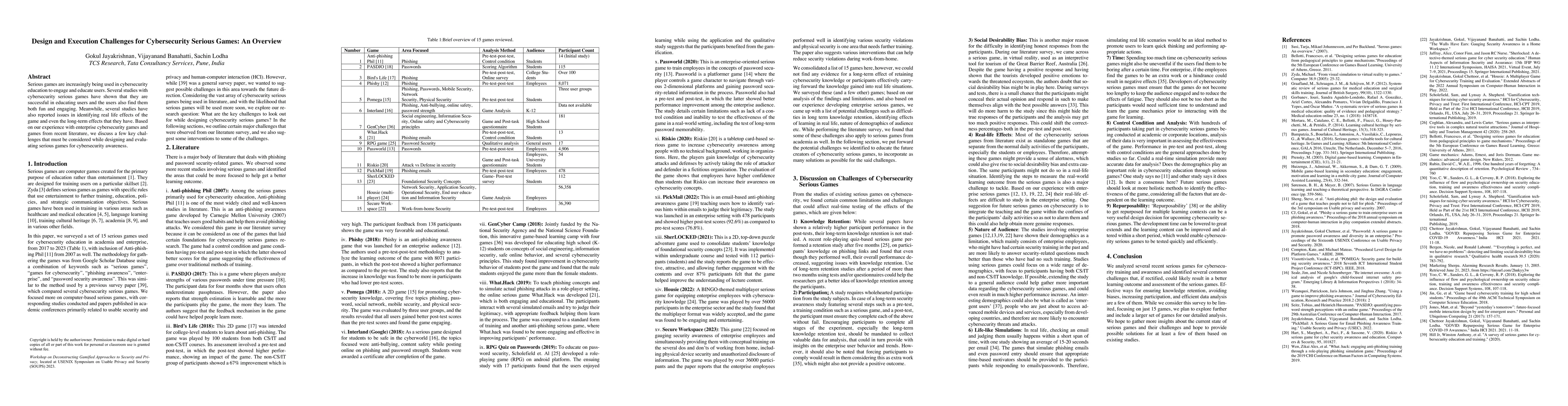 Thumbnail for Design and Execution Challenges for Cybersecurity Serious Games: An
  Overview