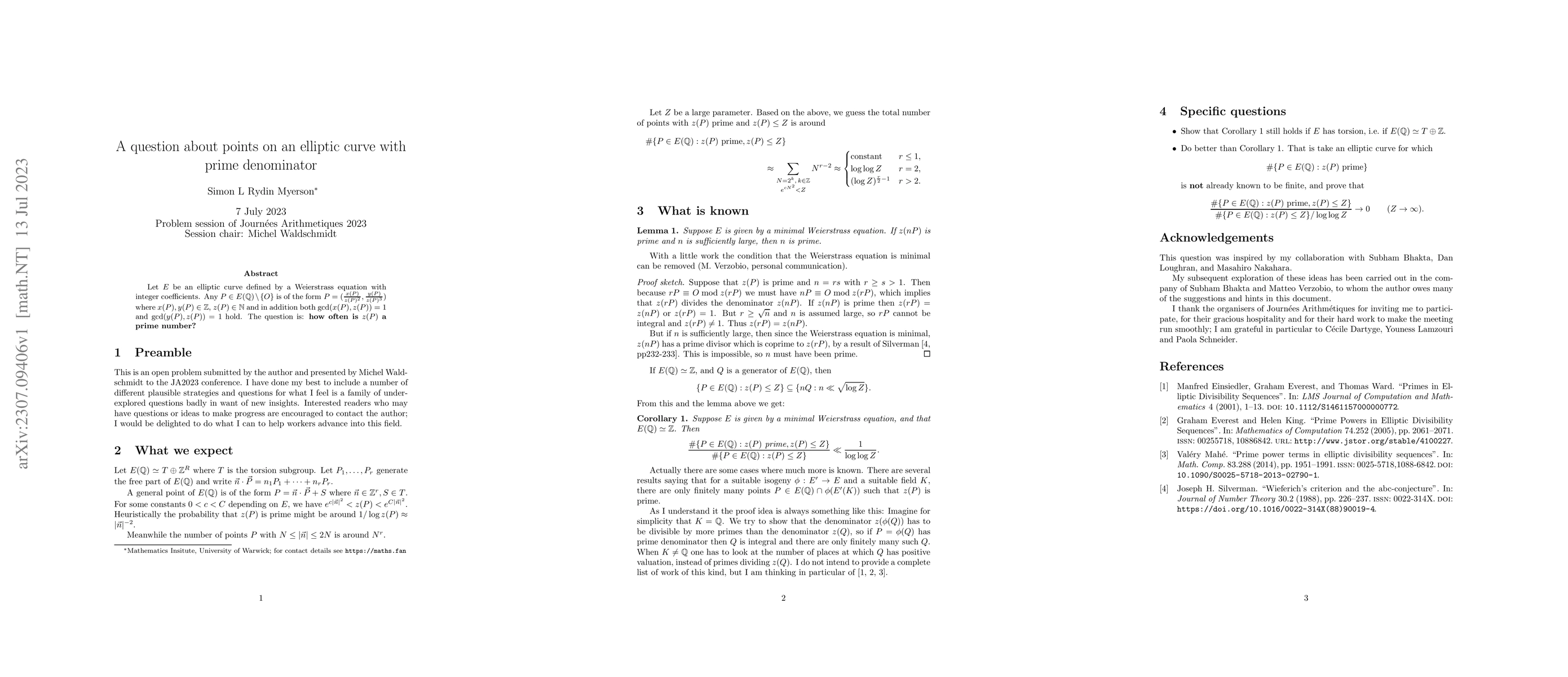 Thumbnail for A question about points on an elliptic curve with prime denominator