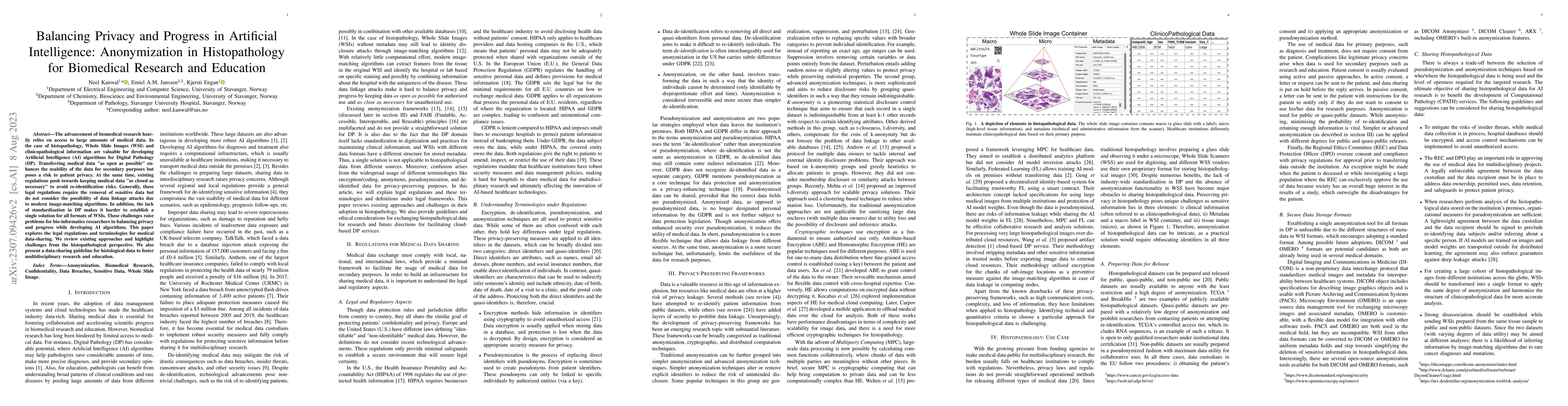 Thumbnail for Balancing Privacy and Progress in Artificial Intelligence: Anonymization
  in Histopathology for Biomedical Research and Education