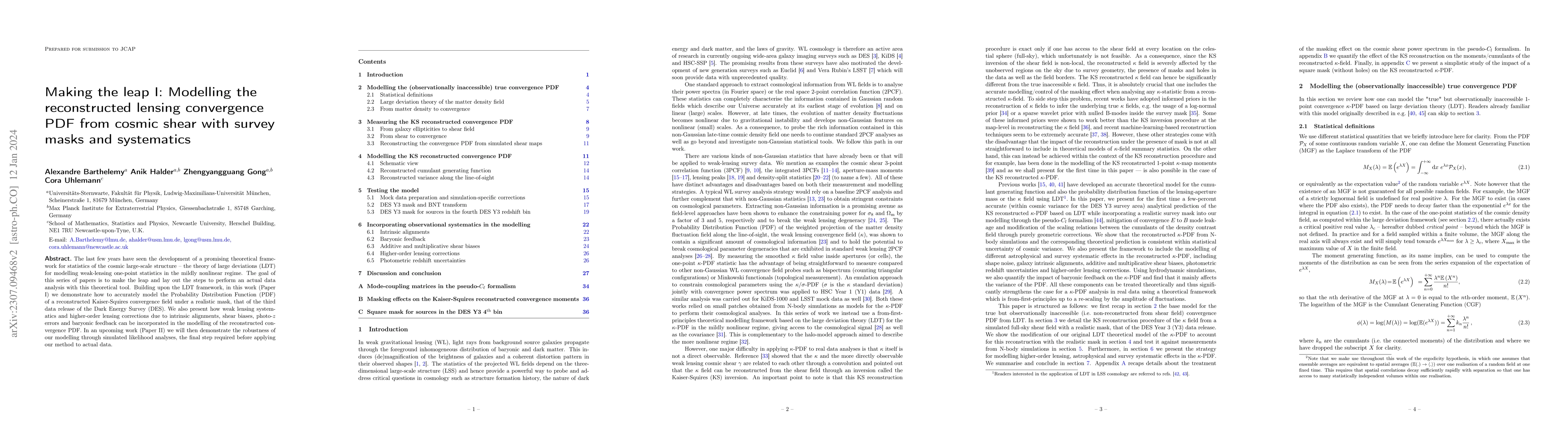 Thumbnail for Making the leap I: Modelling the reconstructed lensing convergence PDF
  from cosmic shear with survey masks and systematics