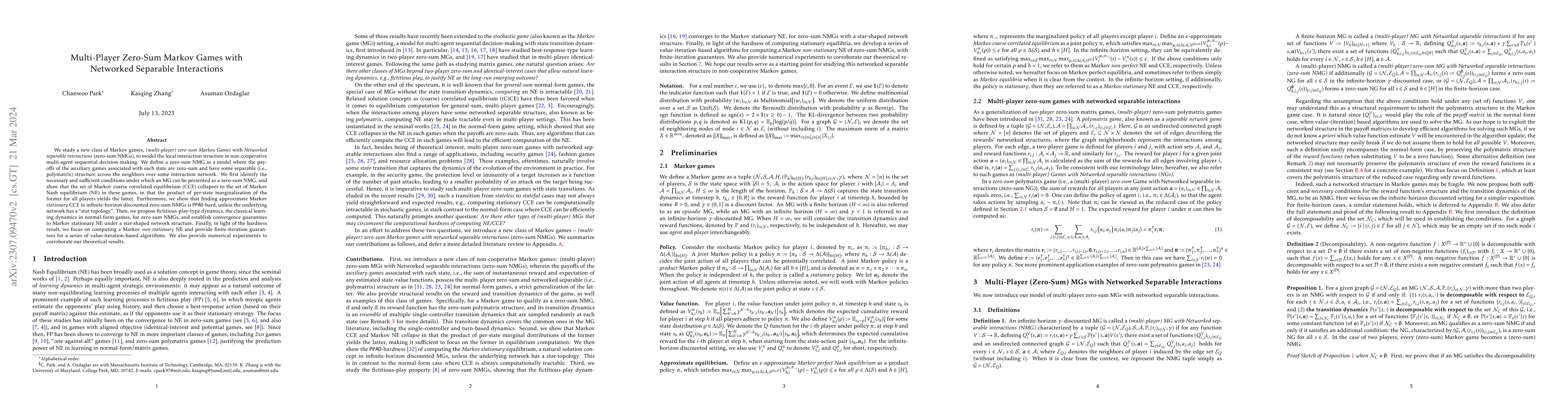 Thumbnail for Multi-Player Zero-Sum Markov Games with Networked Separable Interactions