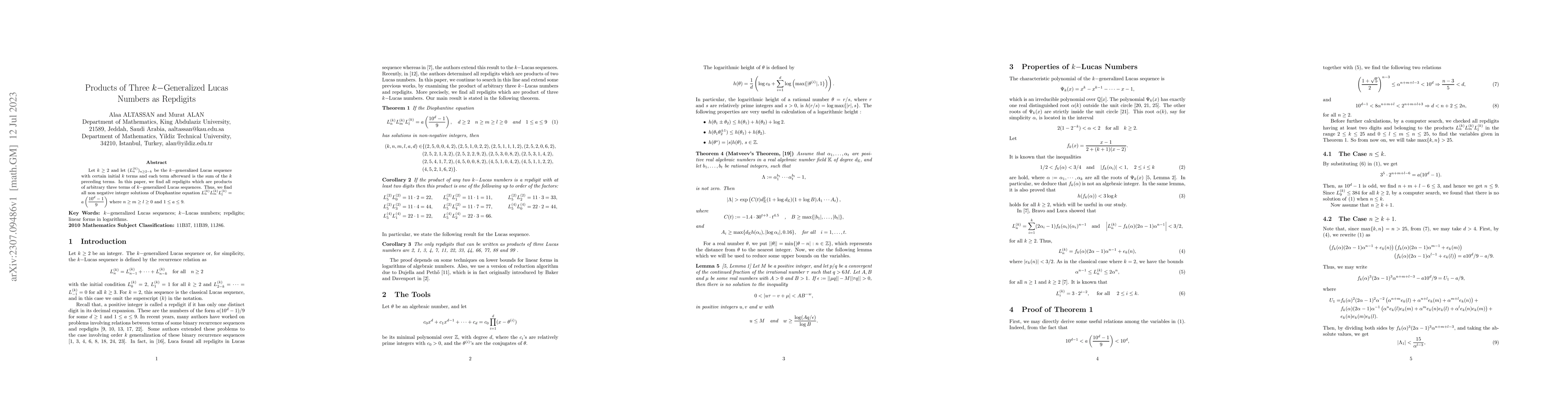 Thumbnail for Products of Three $k-$Generalized Lucas Numbers as Repdigits