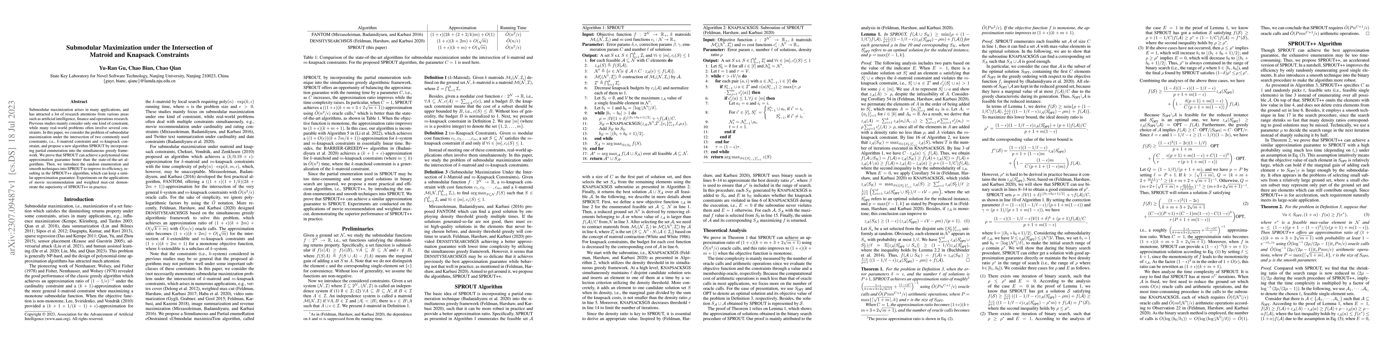 Thumbnail for Submodular Maximization under the Intersection of Matroid and Knapsack
  Constraints