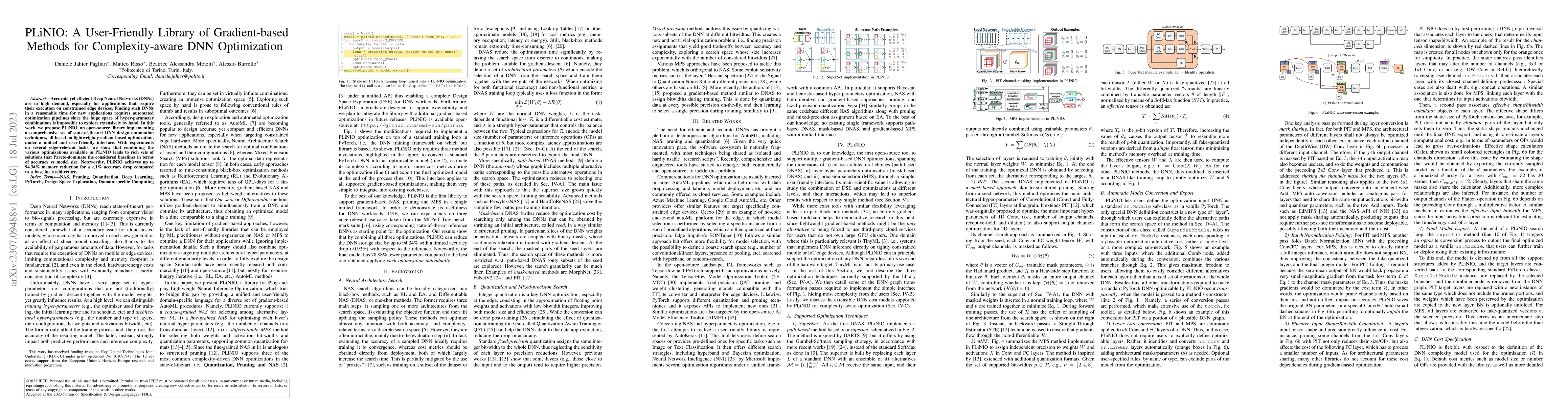 Thumbnail for PLiNIO: A User-Friendly Library of Gradient-based Methods for
  Complexity-aware DNN Optimization