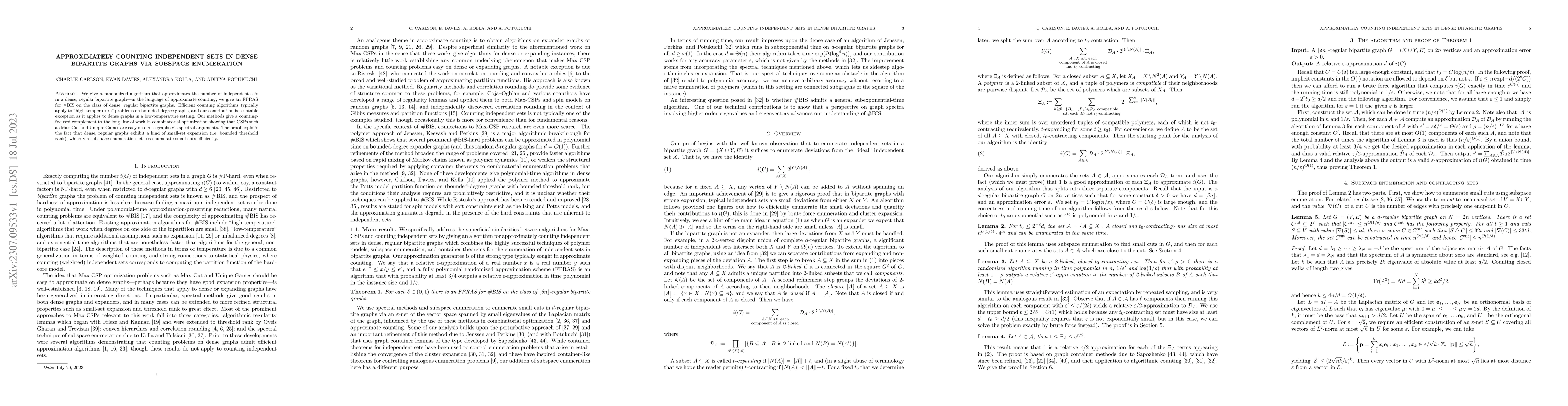 Thumbnail for Approximately counting independent sets in dense bipartite graphs via
  subspace enumeration